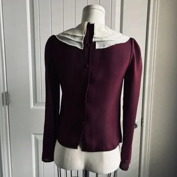 Vintage Blouse Maroon Sheer‎ Size Small Tie Neck Cream Collar Button C’est Chic - Picture 7 of 16